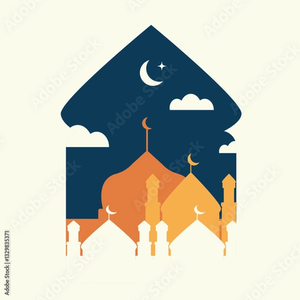 Fototapeta Islamic window with mosque for Ramadan Kareem. Greeting arabian card. Vector illustration 