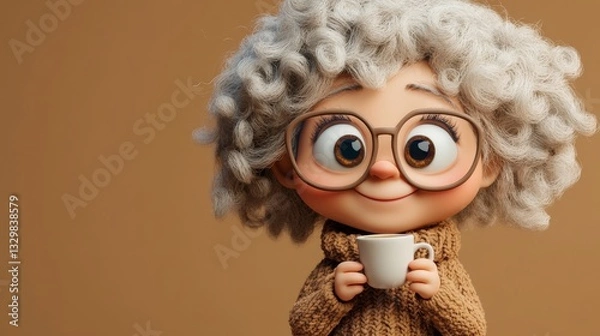 Fototapeta 3D cartoon grandma with tiny glasses, fluffy curly hair, and a warm knitted sweater
