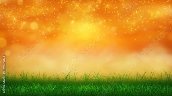 Fototapeta Golden Sunset Over Lush Green Grass Field with Sparkling Dust