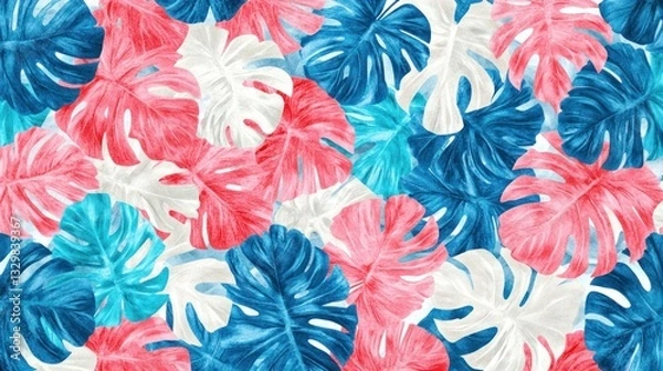 Fototapeta Colorful tropical monstera leaves pattern, summer background, design texture