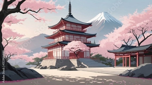 Fototapeta Morning View of a Japanese Temple with Serene Surroundings - Vector Illustration