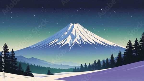 Fototapeta Snow-Covered Mountain in Blue Tones - Vector Illustration