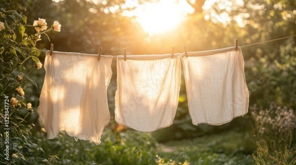 Fototapeta Freshly washed linen sheets drying on a clothesline in a sunny garden at sunset