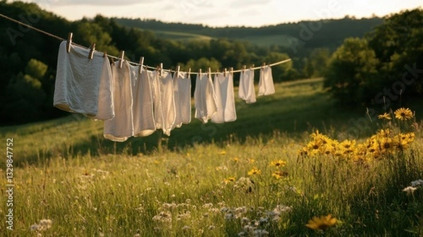 Fototapeta Freshly washed linen shirts hanging on a clothesline in a serene countryside setting during golden hour
