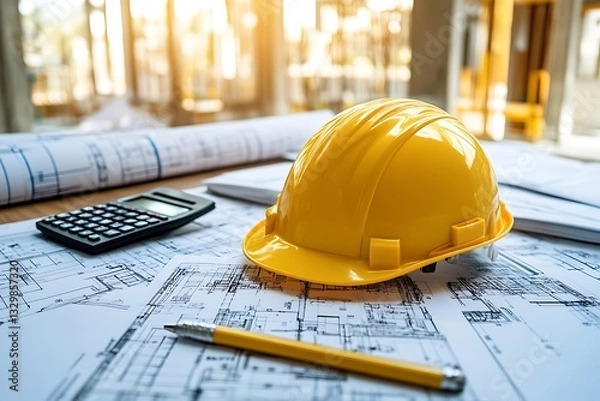 Fototapeta Yellow hard hat on architectural blueprints.