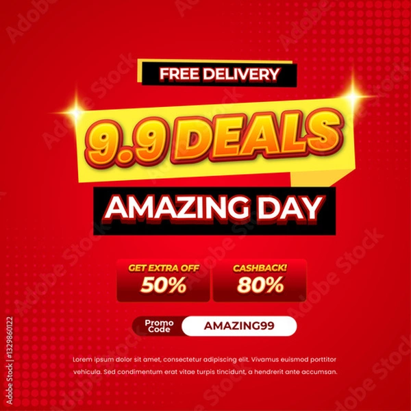 Obraz 9.9 Amazing Sale discount deals vibrant red gradient Editable text effect halftone pop up style promotional Square banner flyer poster template 