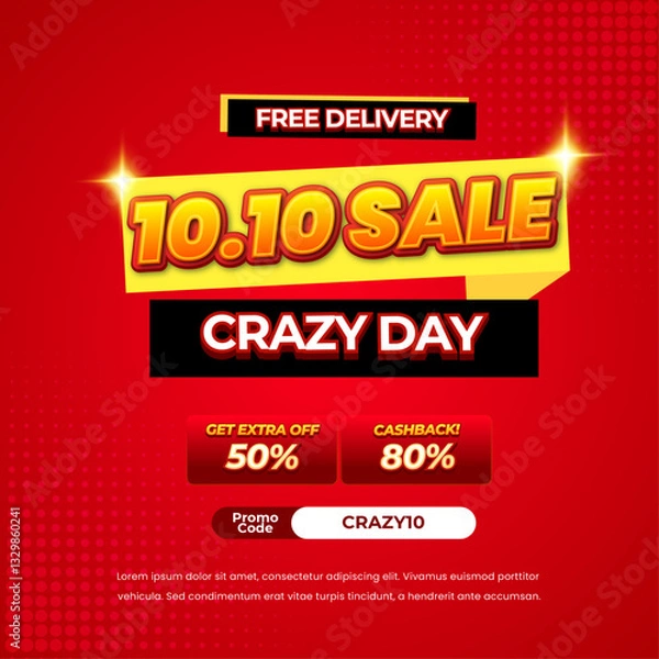 Obraz 10.10 Crazy Sale discount deals vibrant red gradient Editable text effect halftone pop up style promotional Square banner flyer poster template 