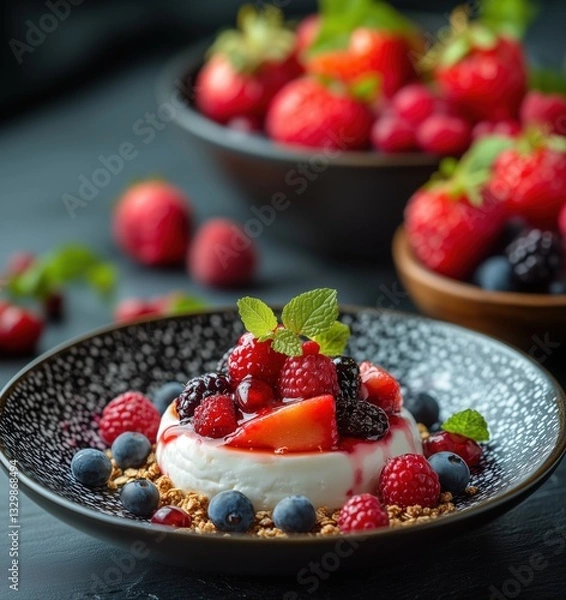 Fototapeta A vibrant dessert featuring creamy yogurt topped with a variety of fresh berries, garnished with mint leaves on a textured black plate.