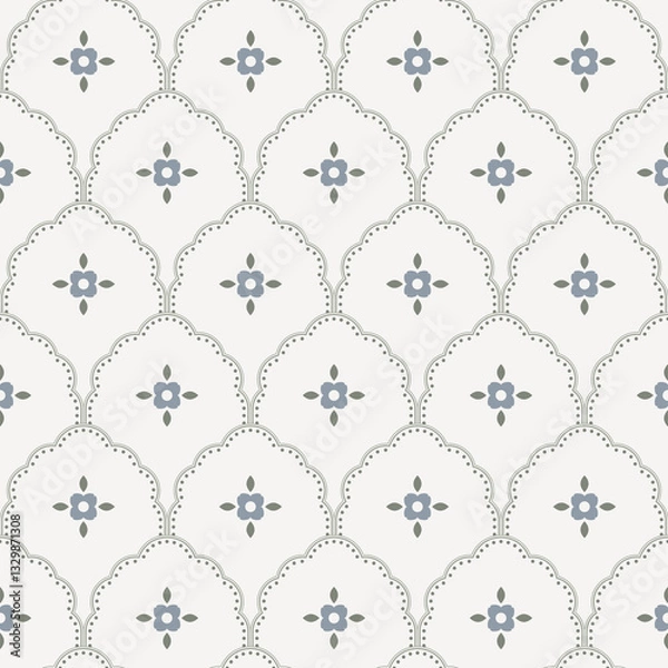 Fototapeta Retro flowers scallop seamless pattern. Floral daisy rustic retro endless wallpaper background for kitchen decor or textile design. Blue and beige calm colors.