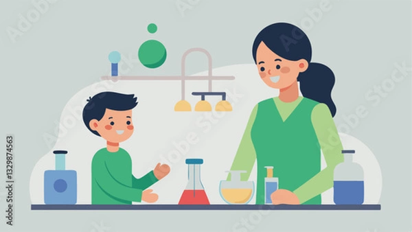 Obraz Joyful Mother's Day Science Experiment: Mom and Child's Fun Lab Adventure. Celebrate motherhood with this vibrant, flat-color illustration depicting a loving mother and her child  