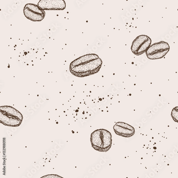 Fototapeta Coffee beans on a beige background. Dot drawing in brown color. Coffee background. Seamless pattern, vector illustration.