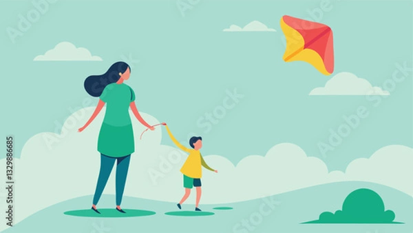Obraz Happy Mother's Day! A joyful flat-color illustration of a mother and child sharing a breezy outdoor adventure, flying a stylish modern kite. Perfect for greeting cards, social     