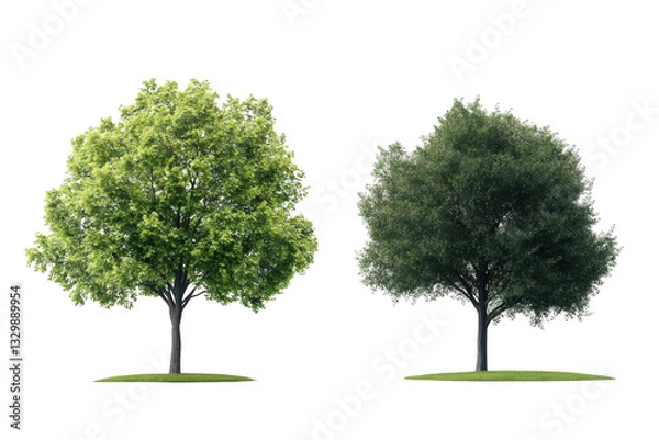 Fototapeta Two Trees Stand on Grass Patches with Lush Green Leaves, Tranquil Nature Scene.