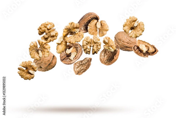 Obraz Shelled walnuts floating on white background.