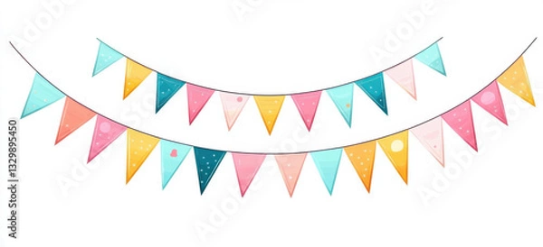 Fototapeta Colorful party flag garland with triangular shapes in pastel colors, perfect for celebrations and festive occasions. Add cheerful touch to any event