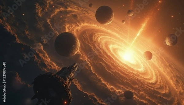 Obraz Dramatic galactic core and spaceship amid surreal orange nebulae, planets, and bright starfield.