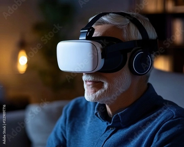 Fototapeta A man wearing a virtual reality headset and headphones, immersed in an engaging digital experience in a cozy, softly lit environment.