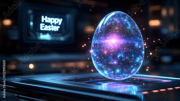 Fototapeta Cosmic Egg: A radiant holographic egg displaying a stunning celestial panorama, with a "Happy Easter" greeting, placed on a futuristic tech platform, blending technology and celebration.