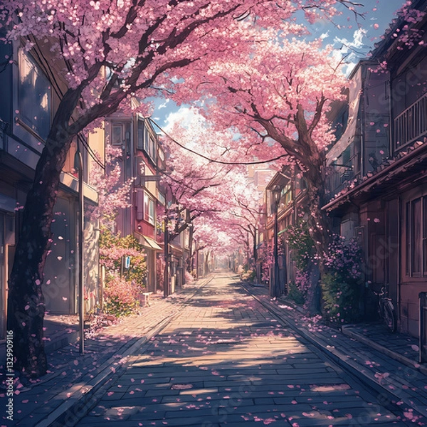 Fototapeta Beautiful view of a street with blooming cherry trees in spring