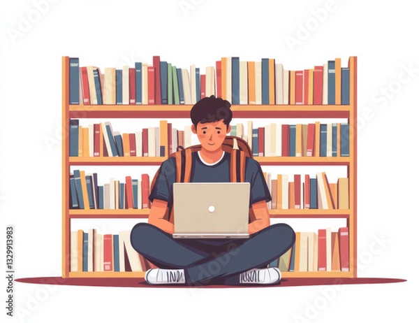 Fototapeta Young man sitting on floor with laptop in library, surrounded by books, focused on his work. atmosphere is calm and studious, perfect for learning and creativity