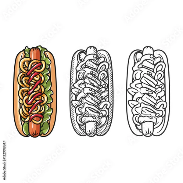 Obraz Hotdog Delight: Line Art, Engraving, and Full Color Illustration