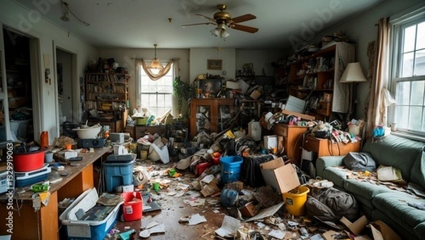 Fototapeta Inside a hoarder's chaotic and cluttered home