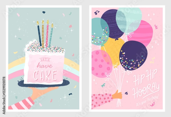 Obraz Set of birthday postcards with confetti, balloons, cake and hand writing. Invitations, happy birthday. Vector templates great for card, poster, flyer or banner