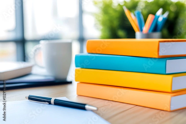 Fototapeta A vibrant workspace featuring stacked colorful books, a cup, a pen, and stationery, creating an inviting atmosphere for studying or creativity.