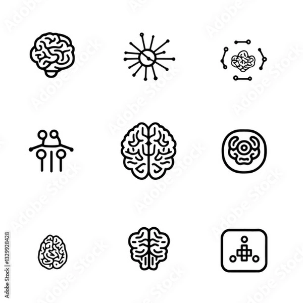 Obraz Minimalist line art brain and neural network icons set for artificial intelligence, neuroscience, and mental health concepts