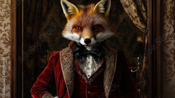 Fototapeta A dapper anthropomorphic fox in a rich, ornate setting, exuding charm and confidence.