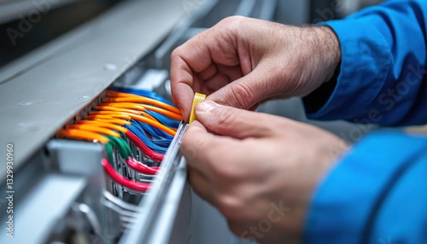 Obraz Detailed focus on an electrician's hands expertly organizing and securing colored electrical wires in a workspace illuminated by natural light