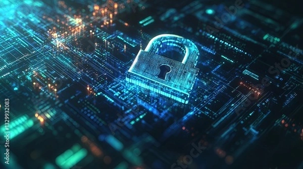 Fototapeta A high-tech padlock floats in digital environment, flowing encrypted data streams in bright blue green tones. Futuristic interface elements, sleek, professional cybersecurity advertisement copyspace