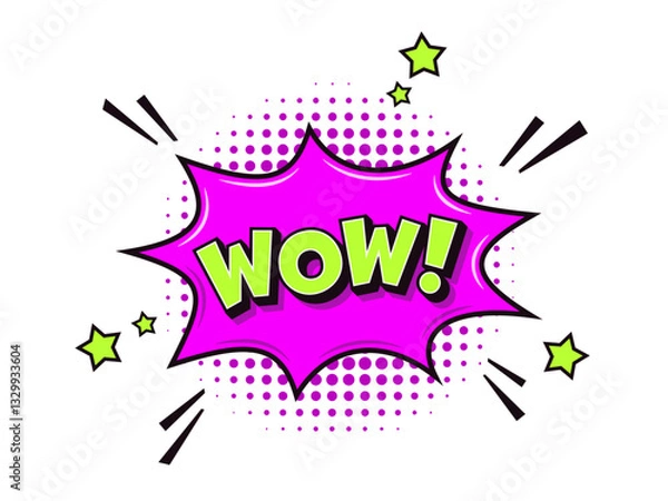 Fototapeta Comic speech bubble or burst ballon with wow exclamation in front of halftone dots pattern background with stars and quotation marks. Isolated vector illustration.