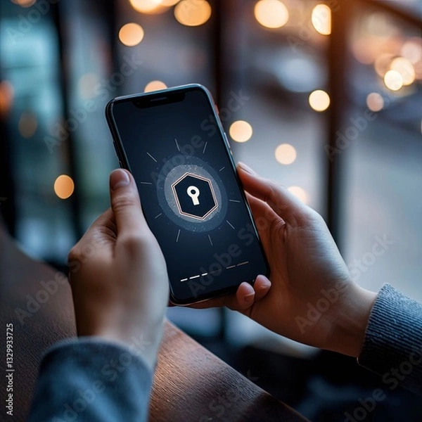 Fototapeta person hands close up holding a smartphone displaying a security protection app screen blurred. Warm natural lighting environment, digital safety advertisement 