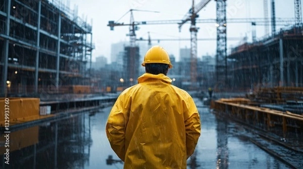 Fototapeta Mechanical Engineer in Bright Yellow Raincoat Walking Through Wet Construction Site Under Heavy Rain