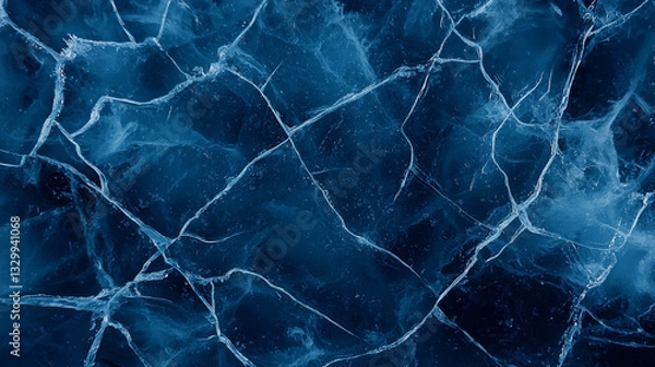 Fototapeta Frozen cracked ice texture, deep blue and white crystalline surface with intricate fractures and reflections, cold winter landscape background
