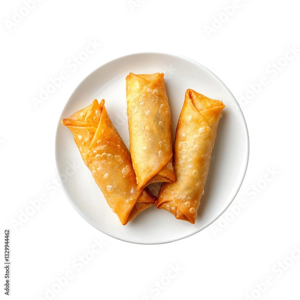 Fototapeta Three fried spring roll on a plate isolated png.