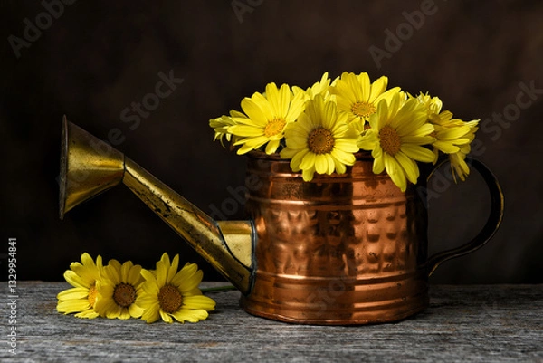 Fototapeta Watering can with Yellow Daisies.