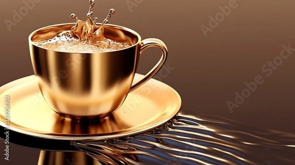 Obraz Coffee splash gold cup drink on saucer, brown style