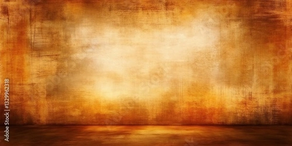 Fototapeta Empty room with grunge golden wall and floor background illuminating creating warm atmosphere