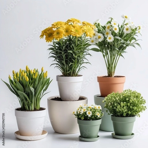 Obraz  Cement pots with plants and daisies