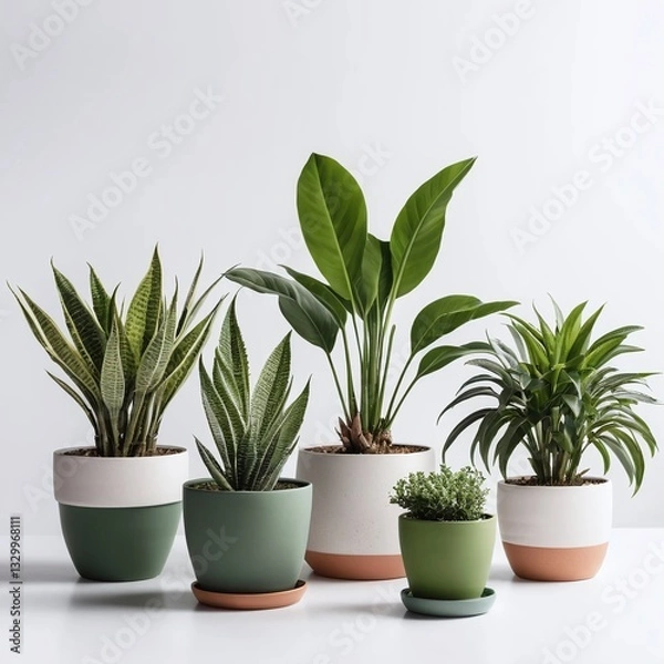 Obraz Rounded cement pots with beautiful plants