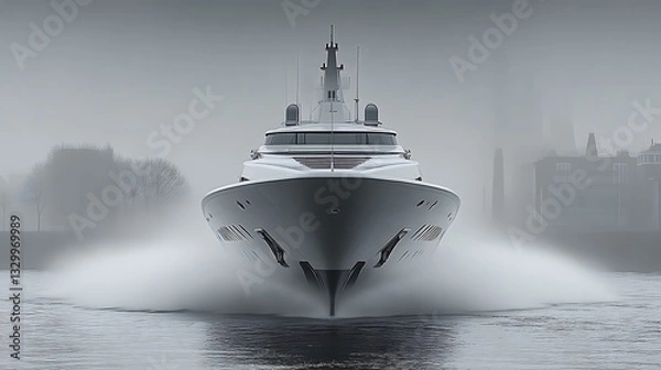Fototapeta Sleek White Yacht Moving Through Misty Water