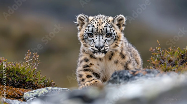 Obraz Snow leopard cub exploring rocky terrain in a mountainous habitat
