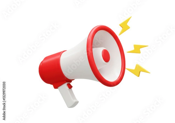 Obraz 3D render of a red and white megaphone with yellow lightning bolts, designed to grab attention in a bold marketing announcement