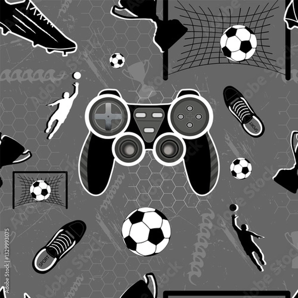 Fototapeta modern design that merges a love for soccer and gaming, executed in classic black and white tones. This versatile pattern is ideal for creating sportswear, accessories, and gaming gear.