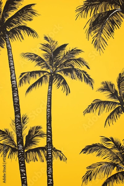 Fototapeta Many exotic tropical palm trees silhouettes close up isolated on vibrant yellow background. Summer holiday travel celebration design illustration.