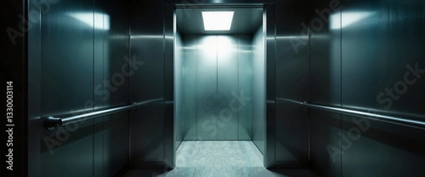 Fototapeta Eerie elevator doors slightly open revealing void inside, anxiety