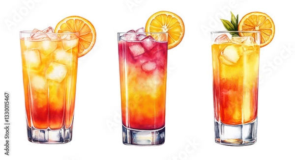 Fototapeta PNG Set of Tequila Sunrise cocktail in highball glass with ice cubes, orange slice, and garnish. Watercolor illustration of layered drink with grenadine, orange juice, and tequila. 