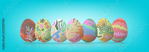 Fototapeta Pastel Easter Egg Banner on Blue Background with Reflection on Floor